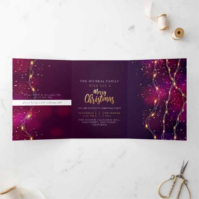 Purple gold Neon Custom Christmas new year invite (Inside)