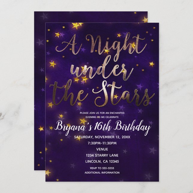 Purple & Gold Night Under The Stars Celestial Invitation (Front/Back)