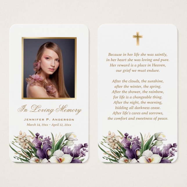 Purple Gold Orchid Funeral Memorial Prayer Cards (Front & Back)