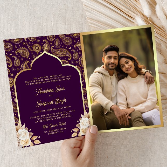Purple Gold Paisley Floral QR Code Indian Wedding Invitation (Inside)