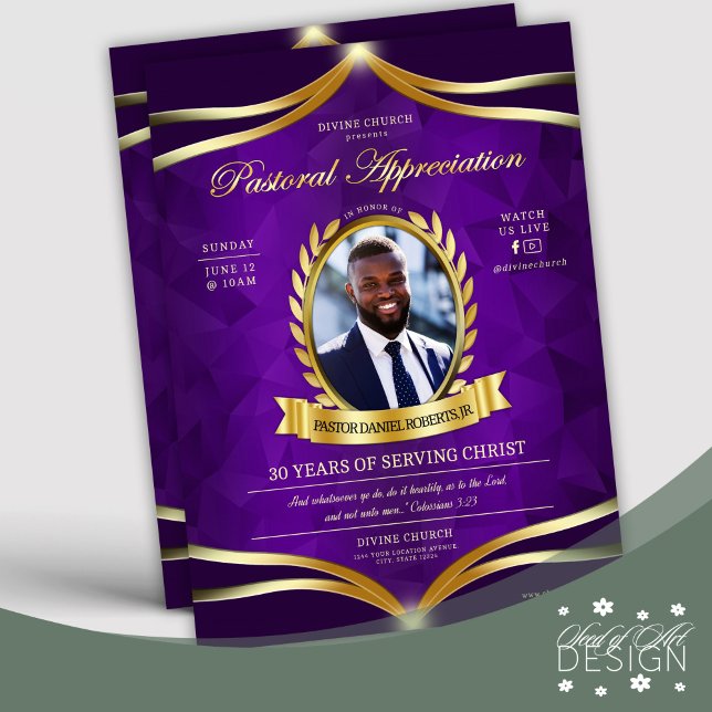 Purple Gold Pastoral Appreciation Church Service  Flyer (Creator Uploaded)