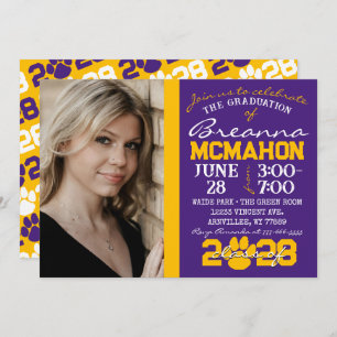 Purple & Gold Pawprint Graduation Photo Invitation