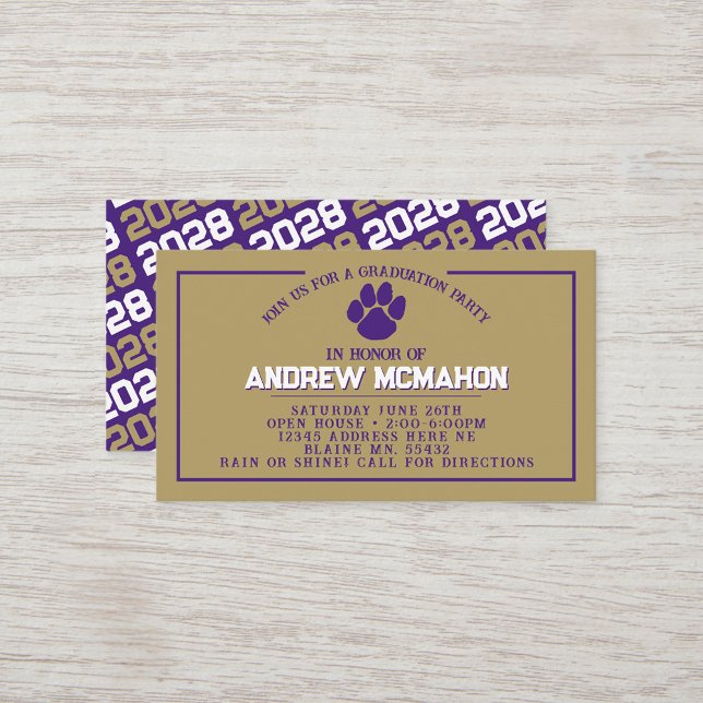 Purple & Gold Pawprint Mini Graduation Invites (Purple, White & Bronze Gold Pawprint Mini Graduation Invites for Friends, Team Mates or as Inserts!)