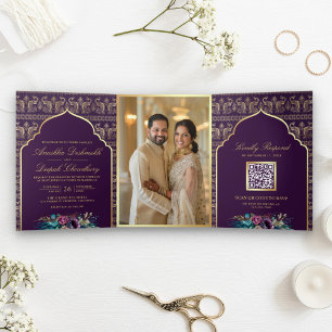 Purple Gold Peacock Pattern Floral Indian Wedding Tri-Fold Invitation