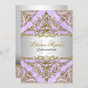 Purple & Gold Pearl Damask Quinceanera Invite
