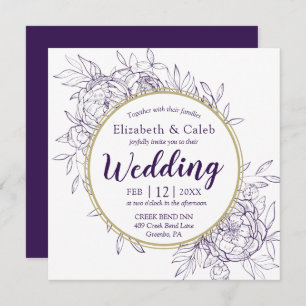 Purple & Gold Peony Modern Floral Toile Wedding Invitation