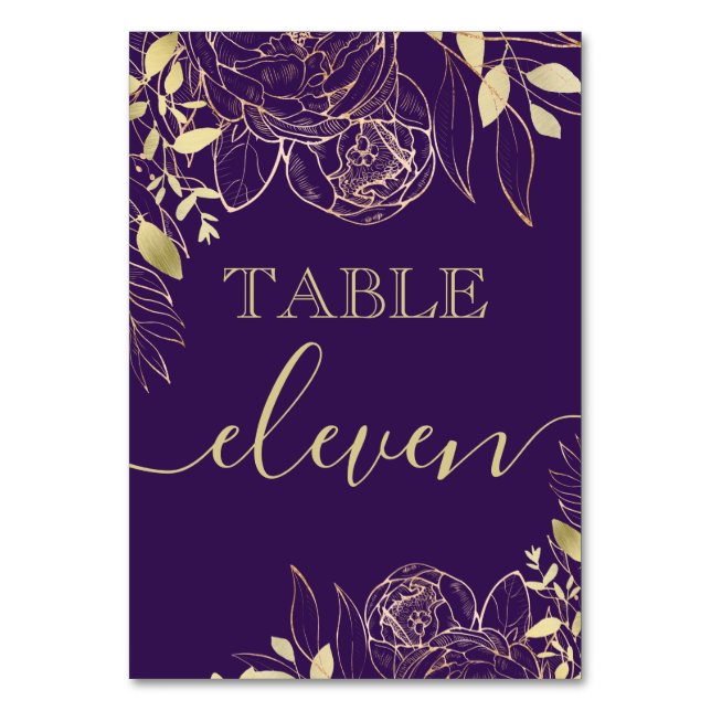 Purple & Gold Peony Modern Floral Wedding Table Number (Front)