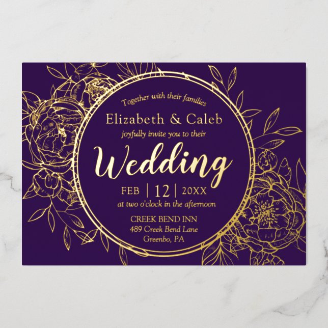 Purple & Gold Peony Modern Toile Wedding (Front)
