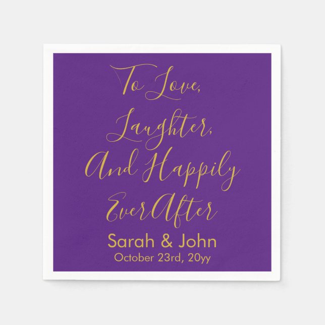 Purple Gold Personalised Script Wedding Reception  Napkin (Front)