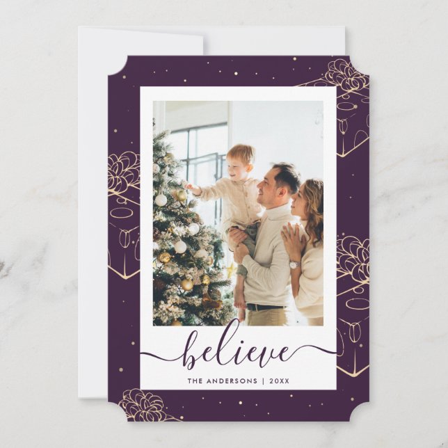 Purple Gold Photo Believe Christmas Holiday Card (Front)