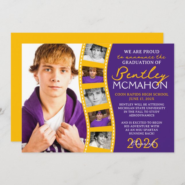 Purple & Gold Photo Filmstrip Grad Announcement (Front/Back)