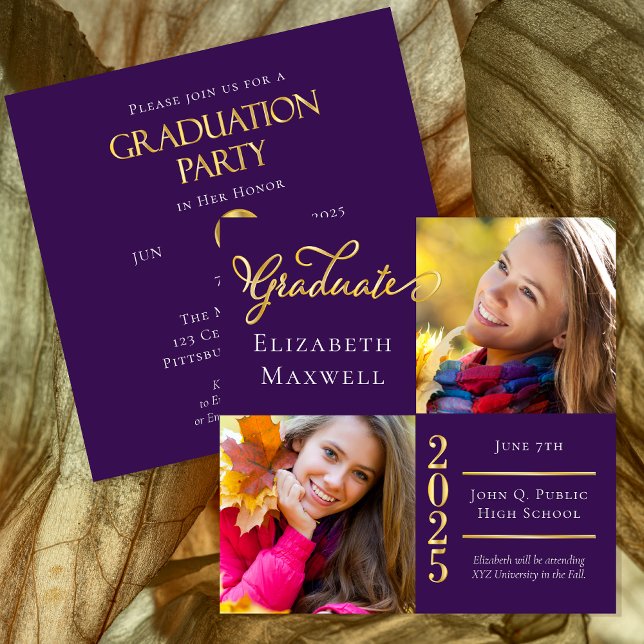 Purple Gold Photo Graduation Announcement | Party (Purple and Gold Tone Two Photo Collage 2025 Graduation Announcement | Party Invitation Combination)