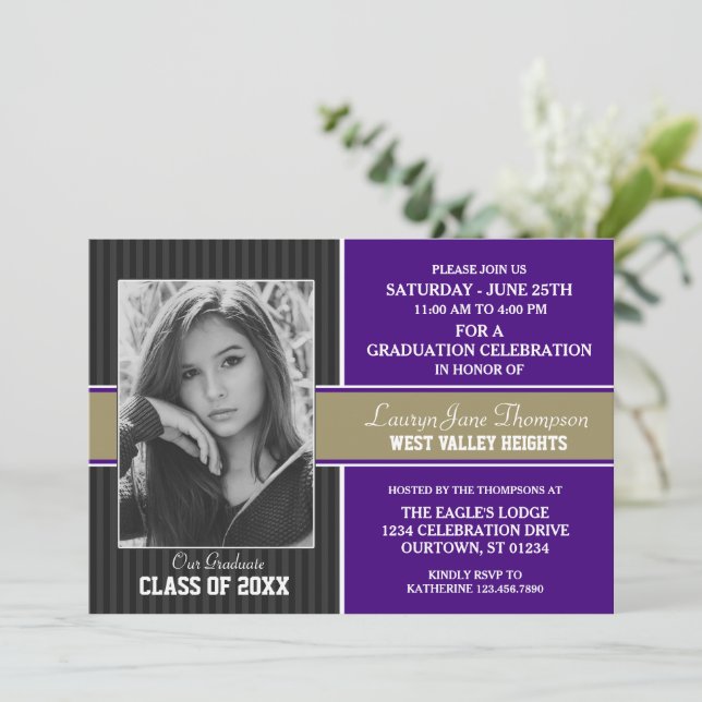 Purple | Gold Photo Graduation Announcements (Standing Front)