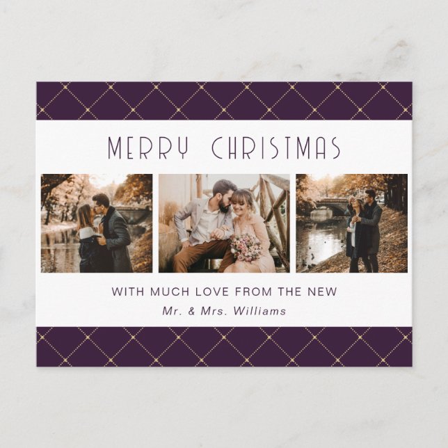 Purple Gold Photo Newlywed Holiday Postcard (Front)