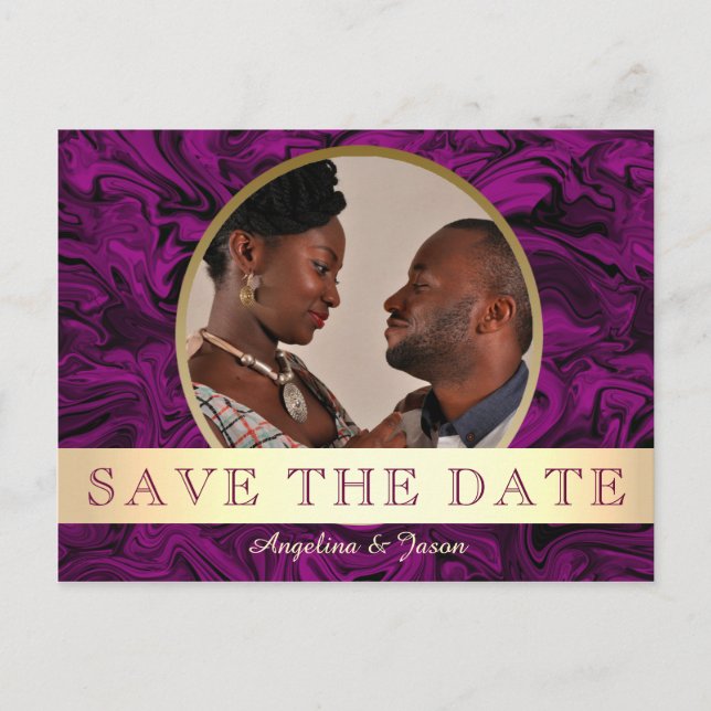 Purple Gold Photo Save the Date Announcement Postcard (Front)