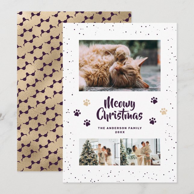 Purple Gold Photo Snow Paws Meowy Christmas Card (Front/Back)