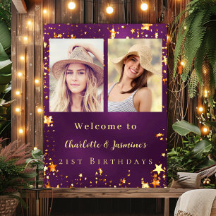 Purple gold photo stars 2 persons birthday welcome poster