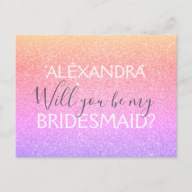 Purple Gold Pink Glitter and Sparkle Bridesmaid Invitation Postcard (Front)