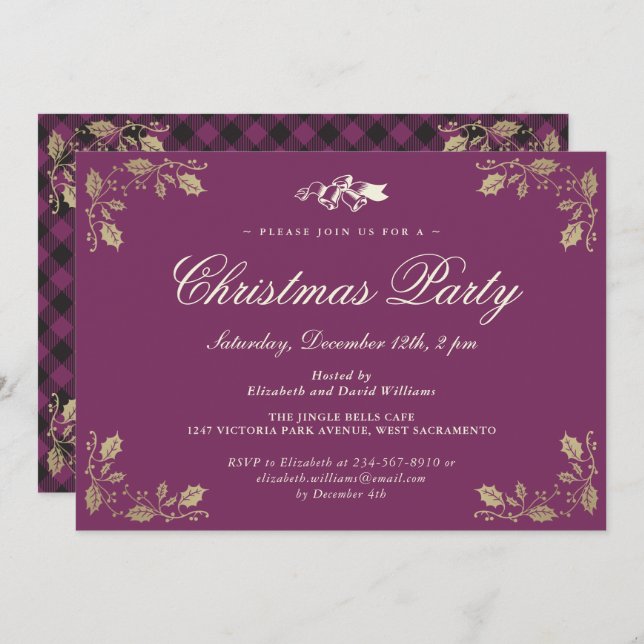 Purple Gold Plaid Christmas Holiday Party Invitation (Front/Back)