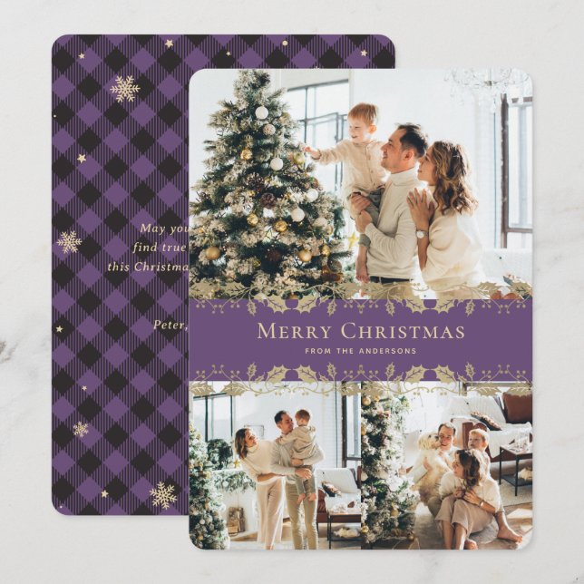 Purple Gold Plaid Elegant Photo Merry Christmas Holiday Card (Front/Back)