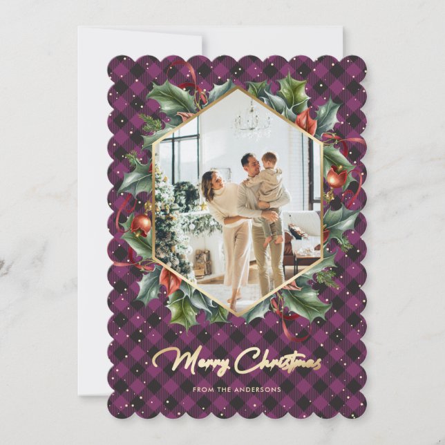 Purple Gold Plaid Holly Photo Merry Christmas Card (Front)