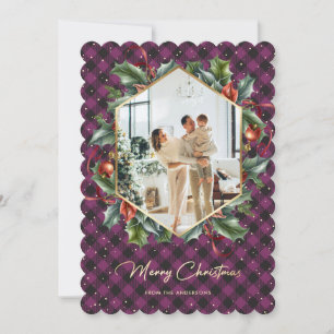 Purple Gold Plaid Holly Photo Merry Christmas Card