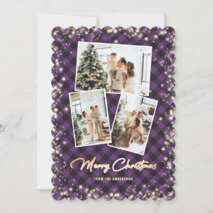 Purple Gold Plaid Photo Collage Merry Christmas Holiday Card