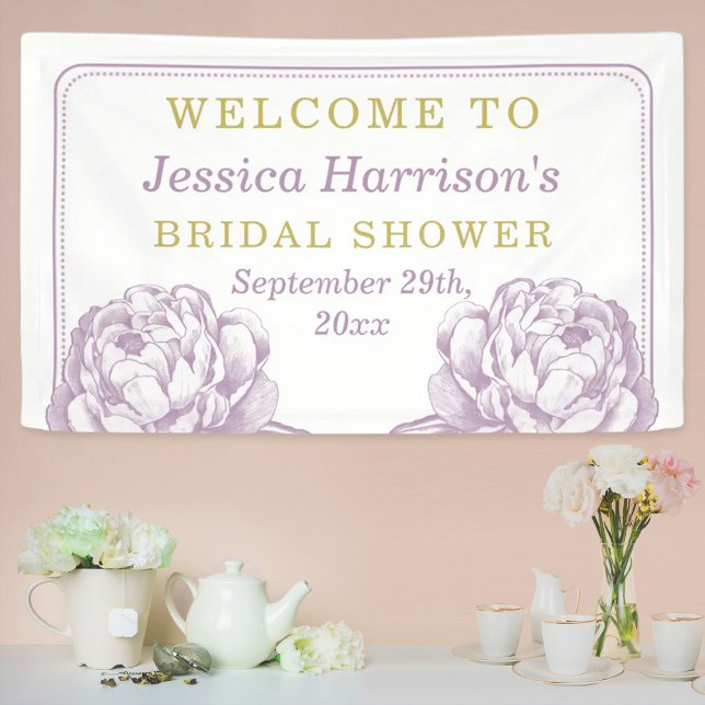 Purple & Gold Pretty Peony Floral Bridal Shower Banner (Creator Uploaded)