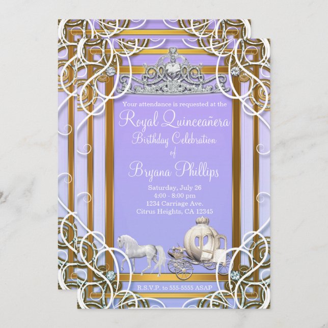 Purple Gold Princess Crown & Carriage Quinceañera Invitation (Front/Back)
