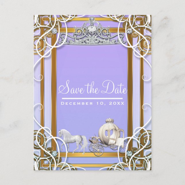 Purple Gold Princess Crown Carriage Save the Date Announcement Postcard (Front)