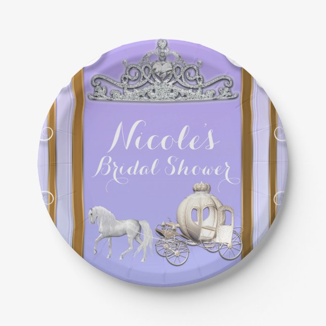 Purple Gold Princess Crown Carriage Sweet 16 Party Paper Plate (Front)