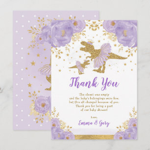 Purple Gold Princess Dinosaur Tutu Tiara Baby Girl Thank You Card
