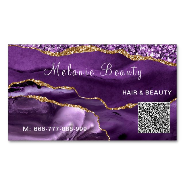 Purple Gold QR Code Magnet Business Card Template (Front)