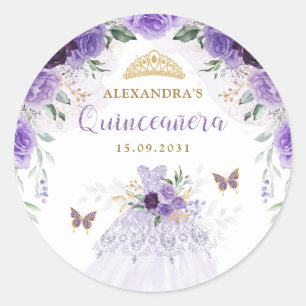 Purple Gold Quinceanera Birthday Party Favours Classic Round Sticker