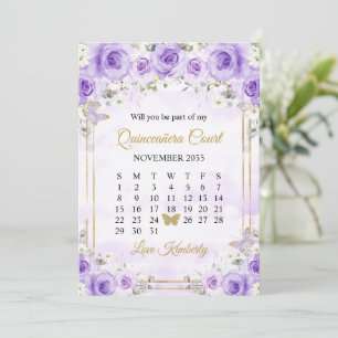Purple Gold Quinceañera Butterfly Roses Birthday Invitation