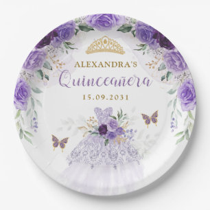 Purple Gold Quinceanera Dress Birthday Butterflies Paper Plate