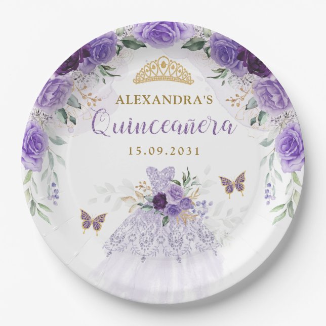 Purple Gold Quinceanera Dress Birthday Butterflies Paper Plate (Front)