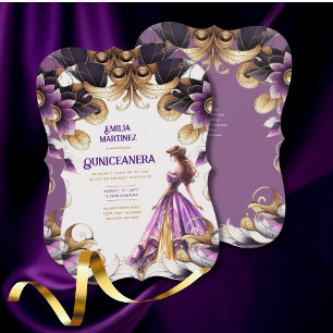 Purple Gold Quinceañera Dress Invitation
