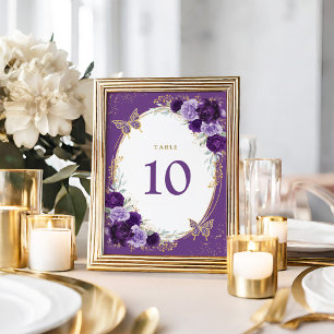 Purple Gold Quinceanera Floral Butterfly Birthday Table Number