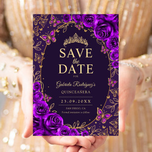 Purple Gold Quinceanera Floral Save The Date