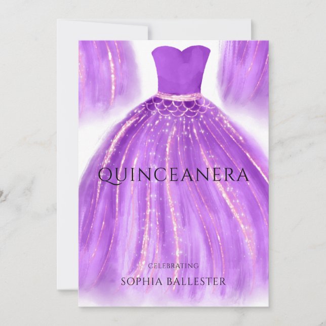 Purple & Gold Quinceanera Mermaid Dress Gown Party Invitation (Front)