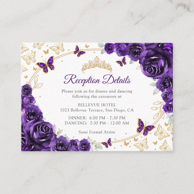 Purple Gold Quinceanera Reception Details Enclosure Card (Front)