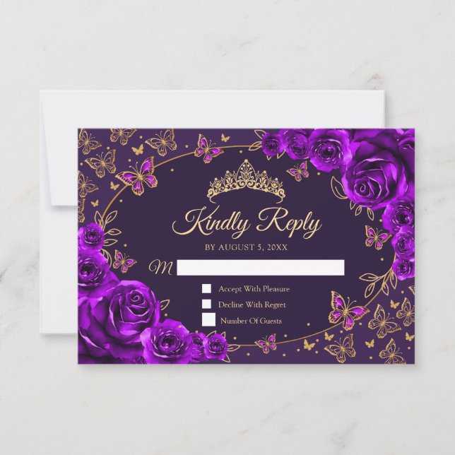 Purple Gold Quinceanera Reply RSVP Card (Front)