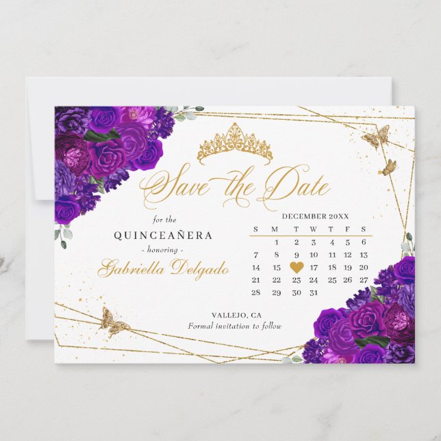 Purple & Gold Quinceañera Save The Date Invitation (Front)