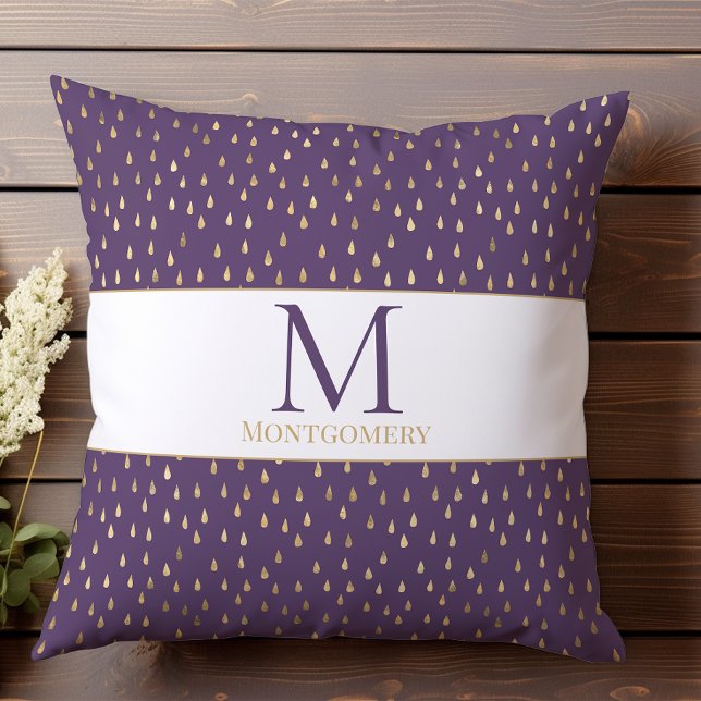Purple Gold Raindrop Modern Trendy Monogram Cushion (Creator Uploaded)