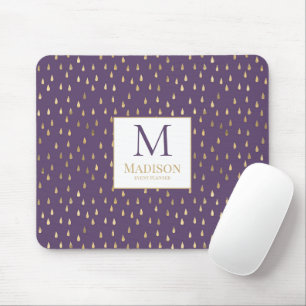 Purple Gold Raindrop Modern Trendy Monogram Mouse Pad