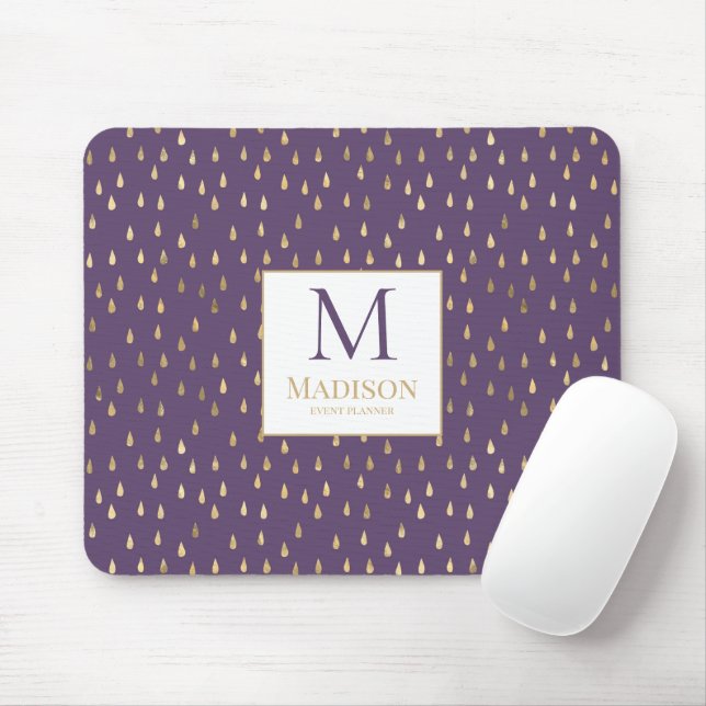 Purple Gold Raindrop Modern Trendy Monogram Mouse Pad (With Mouse)