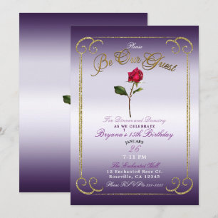 Purple & Gold Red Rose Beauty Birthday Party Invitation