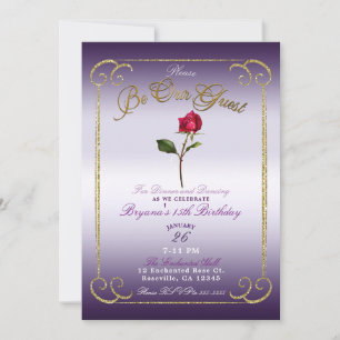 Purple & Gold Red Rose Beauty Birthday Party  Invitation