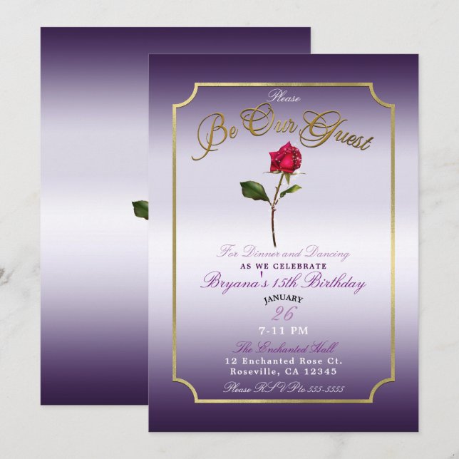 Purple & Gold Red Rose Beauty BirthdayParty Invitation (Front/Back)
